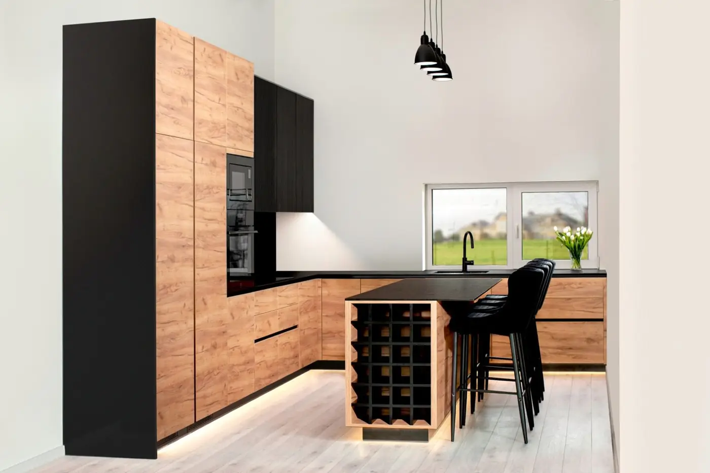 Oak tall units with dark kitchen island