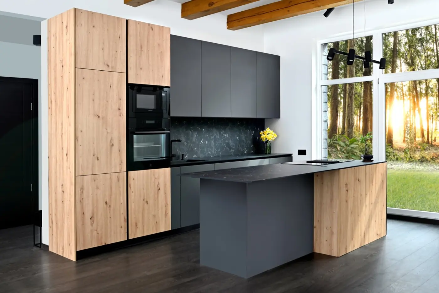 Custom oak and graphite kitchen with island